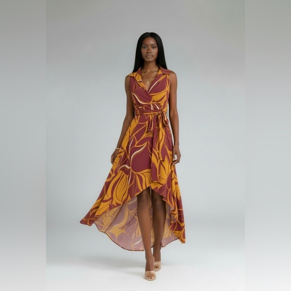 Dresses & Skirts - Sleeveless Wrap High-Low Dress in Burgundy & Mustard